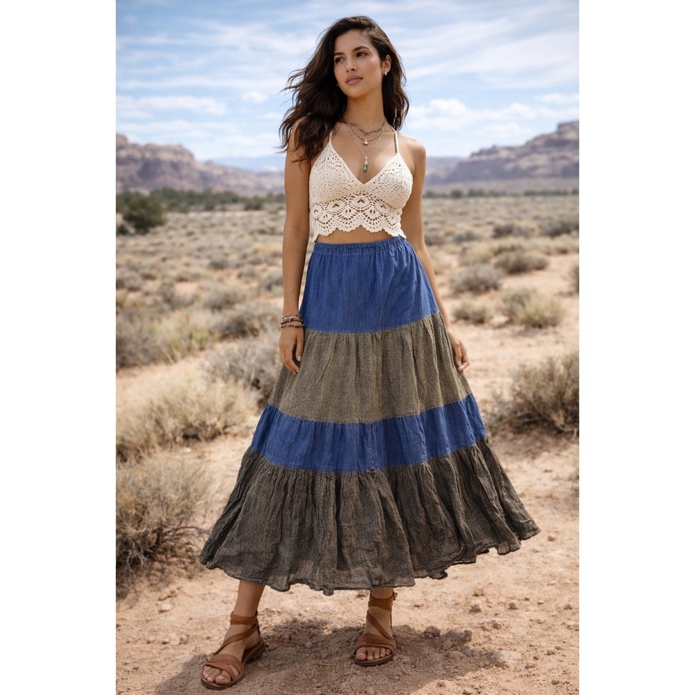 Young Threads Womens Blue Denim Grey Tiered‎ Maxi Skirt Elastic Waist Size L NEW